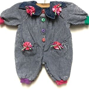Vintage Striped Denim Romper Outfit 18-24 Mos Toddler Girls 80s 90s Ribbons Bows